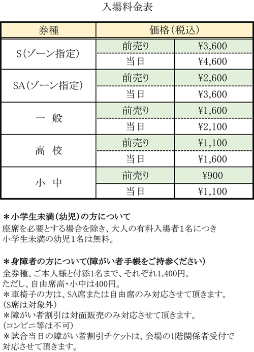 天皇杯3回戦入場料金表